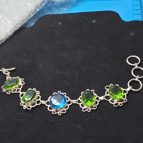 Jewelry - Vintage Silver Stamped 925 Bracelet with Green and Blue Gem Accents